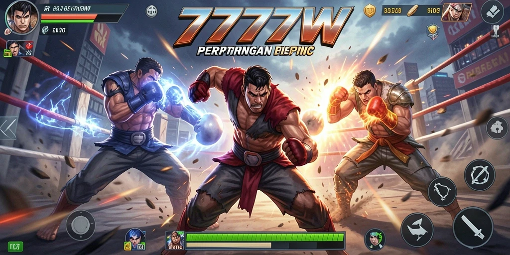 Screenshot gameplay 7777W menampilkan pertarungan seru antar karakter yang mendebarkan.