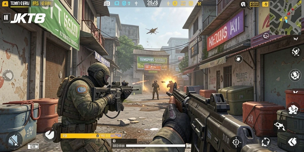Screenshot aksi intens dalam gameplay FPS JKT8.
