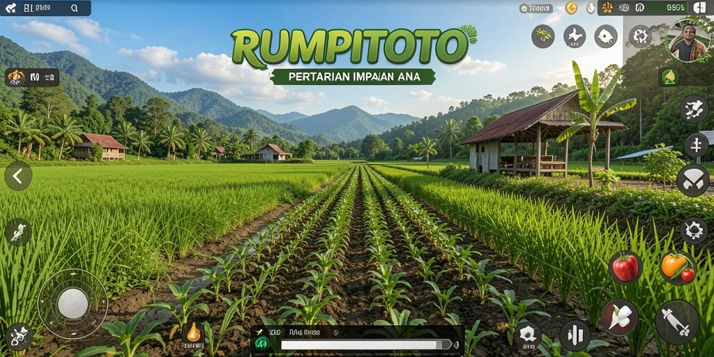 Tangkapan layar RUMPITOTO menampilkan pertanian yang indah dan beragam tanaman.